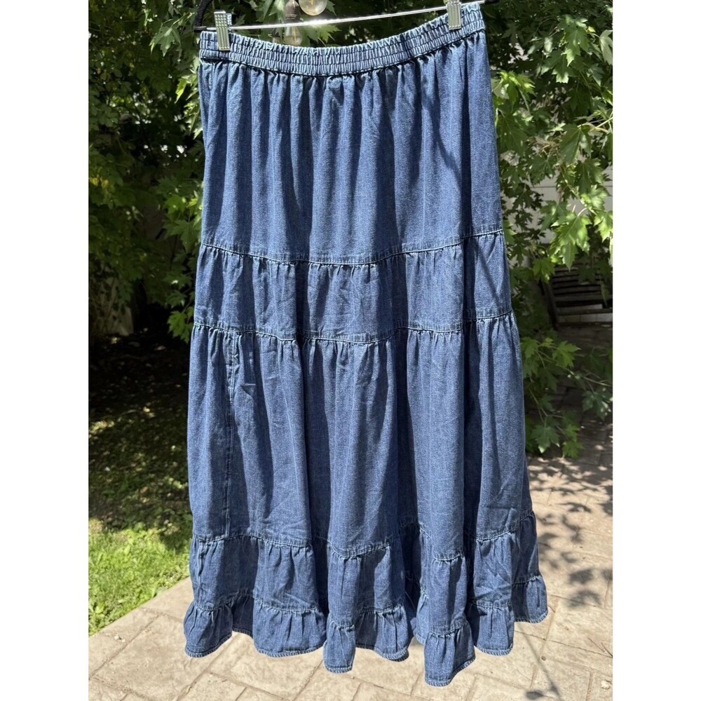 American Eagle Tiered Denim Maxi Skirt Blue Boho Prairie Size XL - Picture 2 of 2